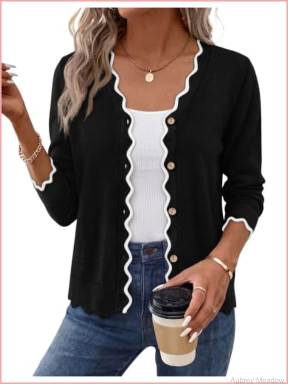 Womens V Neck Lightweight Cardigan Buttery Soft Knit Scalloped Trim Button Up